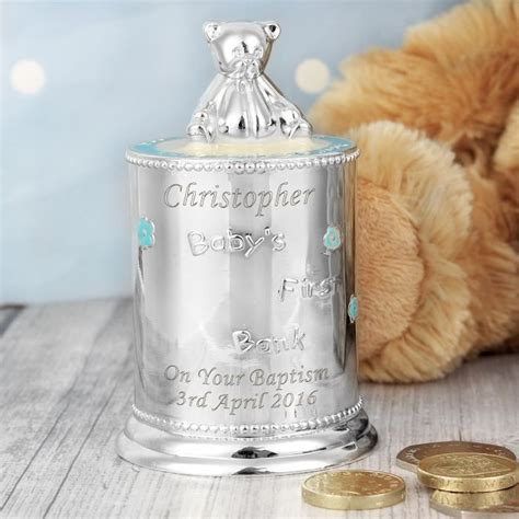 Personalised Christening T Boys Silver Plated Blue Teddy Money Box