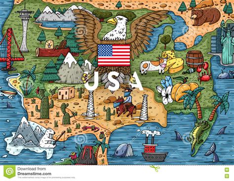 Funny Hand Drawn Cartoon Usa Map With Most Popular Places