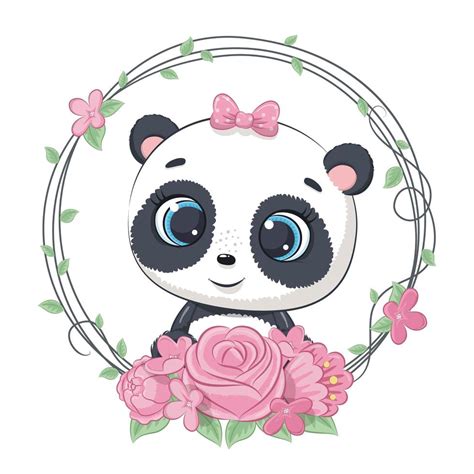 Cute Summer Baby Panda With Flower Wreath 1213377 Vector Art At Vecteezy
