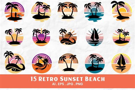Retro Sunset Beach Clipart Variations