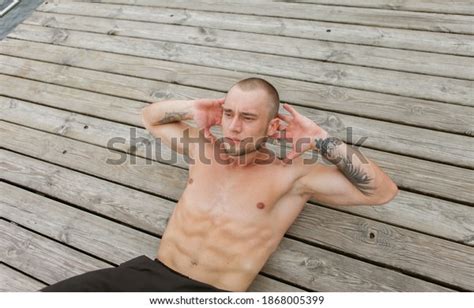 Male Bodybuilder Naked Torso Trains Abdominal Stock Photo