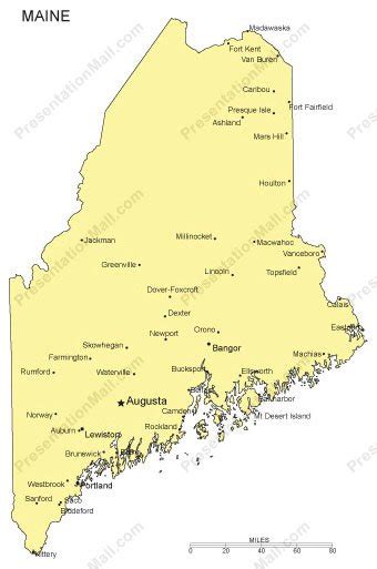 Maine Outline Map With Capitals And Major Cities Digital Vector