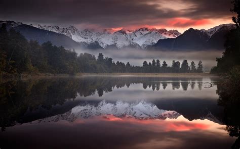 Nature Landscape Sunset Mist Mountain Lake Clouds Sky Water Reflection