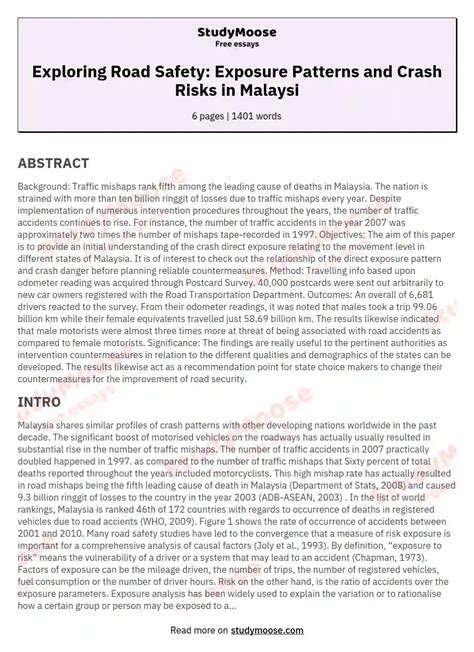 Exploring Road Safety Exposure Patterns And Crash Risks In Malaysi Free Essay Example