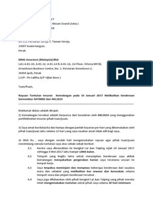 Tenang, di sini ada contoh surat pengaduan ke polisi. Kereta Contoh Surat Tuntutan Insurans Kemalangan