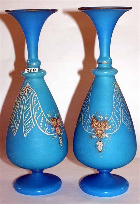 Art Nouveau French Stained Glass Vases With Enamel Design French Glass