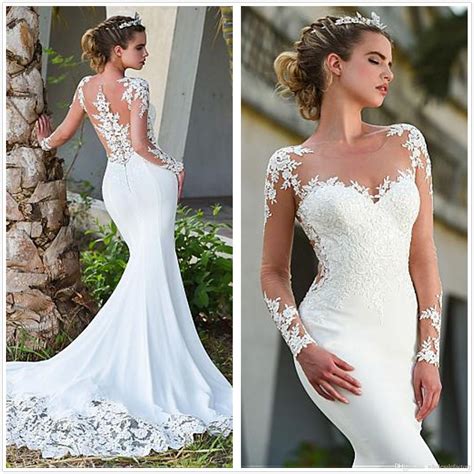 Sheer Long Sleeves Satin Mermaid Wedding Dresses 2020 Tulle Lace
