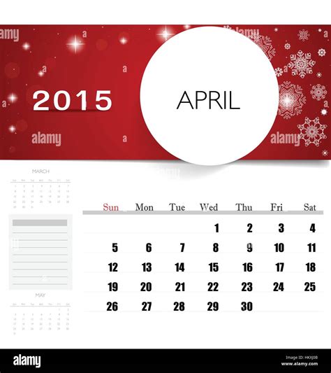 2015 Calendar Monthly Calendar Template For April Vector Illustration