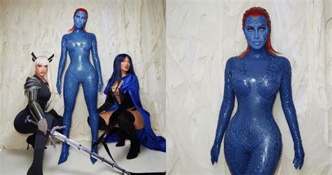 kim kardashian oozes sex appeal in blue latex costume as x men s mystique as she joins kendall