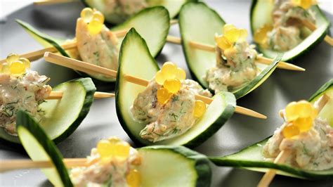 Crab And Cucumber Canape With Mango Flavour Pearls Peninsula Larder