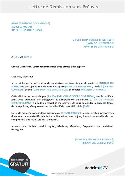 Lettre De Démission Sans Préavis à Télécharger Exemple Gratuit