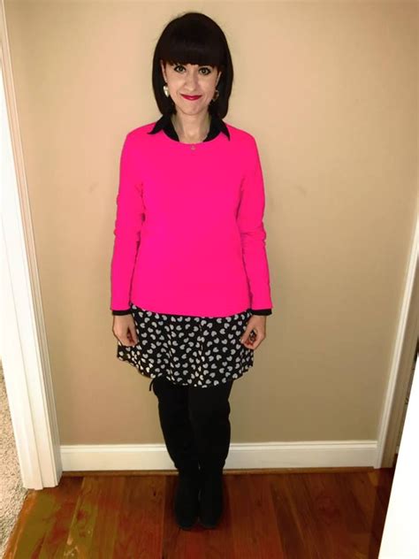 Hot Pink Sweater Black Collared Shirt Black Skirt With White Hearts