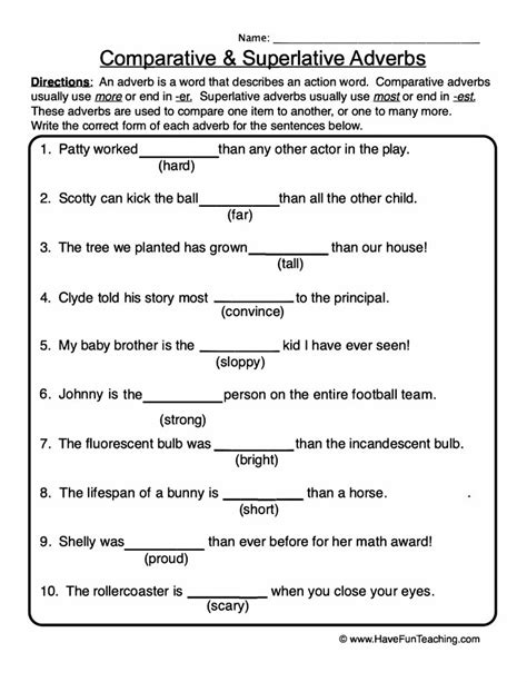 Comparative longer than faster than. Comparative & Superlative Adverbs Worksheet • Have Fun ...