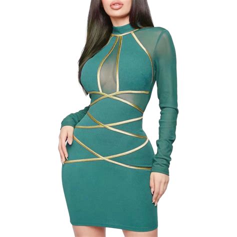 Women Sexy Bodycon Dress Round Neck Long Sleeve Mesh Patchwork See