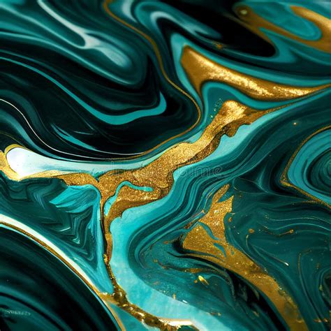 Abstract Turquoise Bluish Green Marble Paint Background With Gold Veins