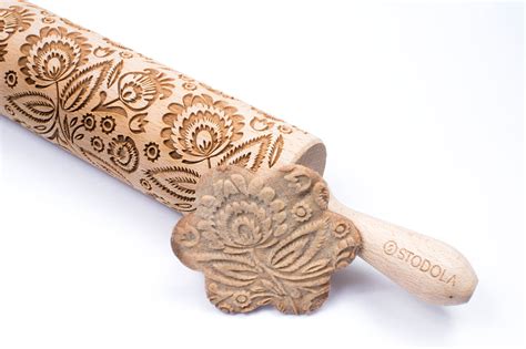 Rolling Pin Embossed With Folk Floral Pattern For Baking Engraved Cook
