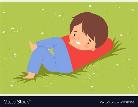 Cute Boy Lying Down On Green Lawn Kid Lying On Vector Image