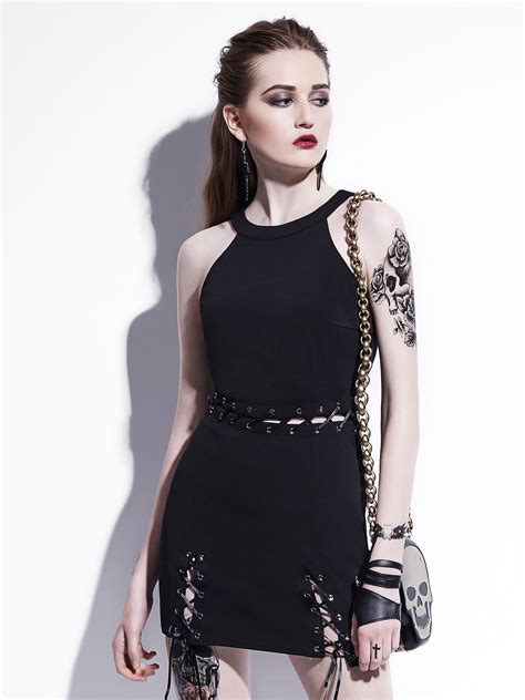 Gothic Women Straps Dress Black Patchwork Casual Lace Up Mini Street