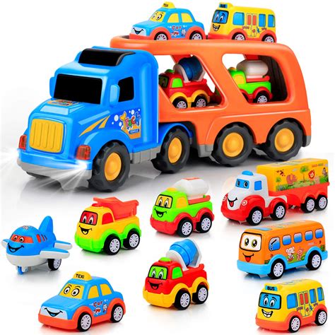 9 Pcs Cars Toys For 2 3 4 5 Years Old Toddlers Big Carrier Truck With