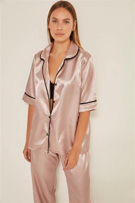 Satin Short Sleeve 2 Piece Pajamas Set Mink Color For Women Etsy
