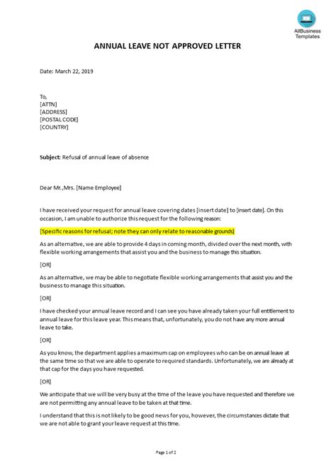 Check spelling or type a new query. Annual Leave request refusal letter | Templates at ...