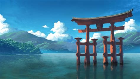 Download 1920x1080 Anime Landscape Shrine Lake Torii Clouds Sky