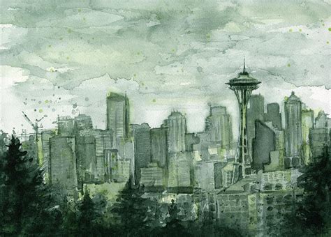Seattle Skyline Watercolor Space Needle Painting By Olga Shvartsur
