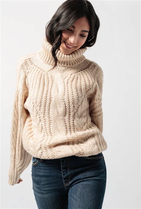 Chunky Cable Knit Turtleneck Sweater Ladies Turtleneck Sweaters Thick