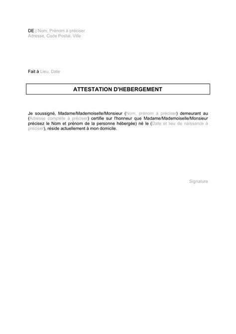 Attestation Dhébergement Doc Pdf Page 1 Sur 1