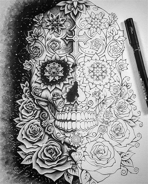 Amazing Skull Mandala Design With Roses Drawing By Bazfurnell On