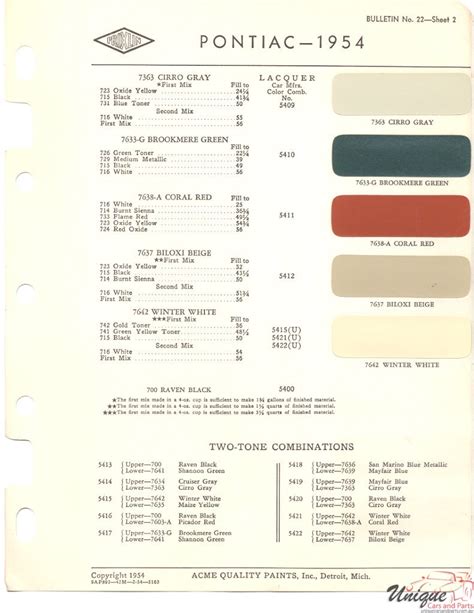 Pontiac Paint Chart Color Reference