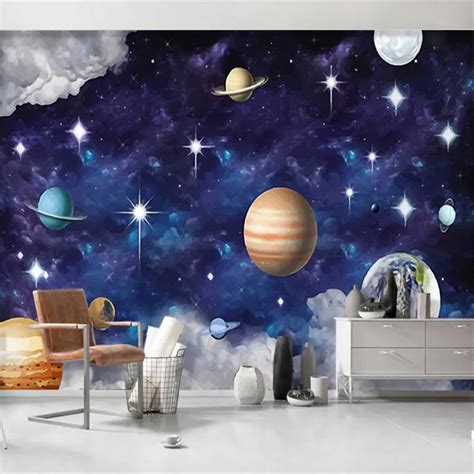 Beibehang Hand Painted Nordic Universe Galaxy Planet Childrens Room