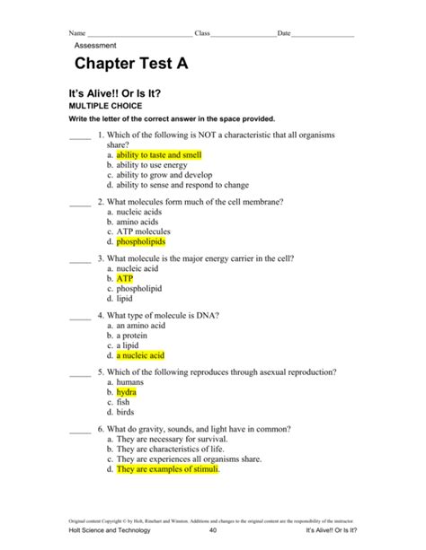 Chaptertesta Answer Key