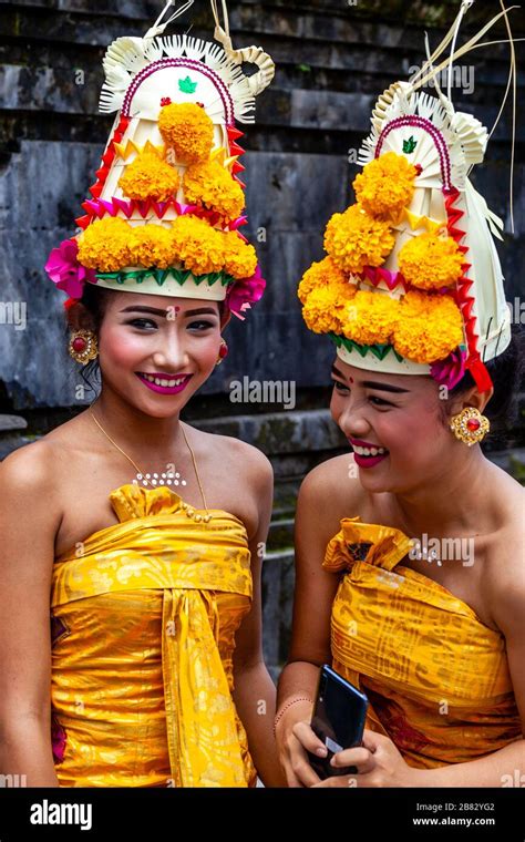 Happy Young Balinese Hindu Women At The Batara Turun Kabeh Ceremony