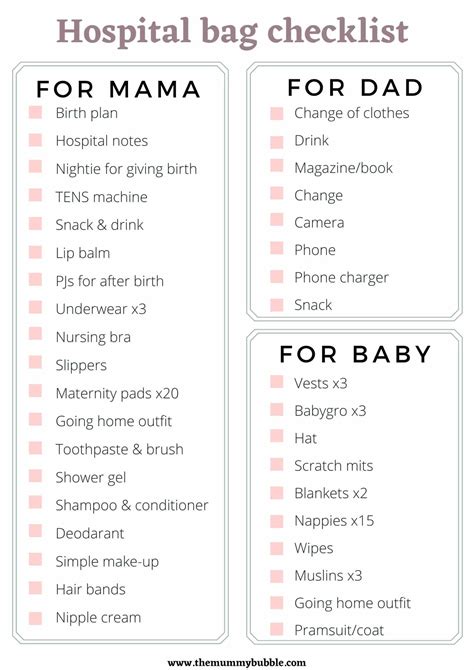Hospital Bag Checklist Printable
