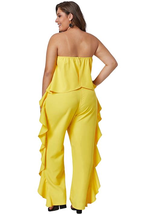Yellow Prime Dreams Plus Size Strapless Ruffle Jumpsuit