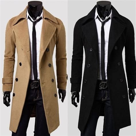 2015 New Brand Winter Mens Long Pea Coat Mens Wool Coat Turn Down