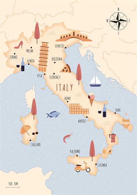 Illustrated Map Of Italy Art Print Poster Travel Map Digital Etsy