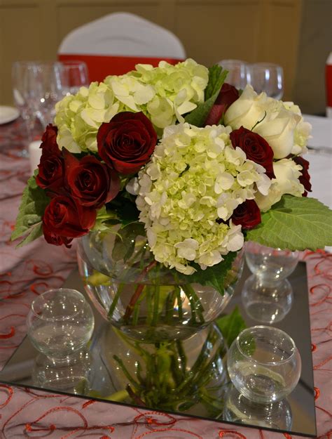 Red Rose And White Hydrangea Floral Centrepiece Styled By Greenstone