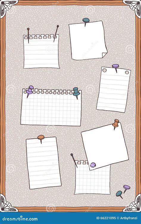 Hand Drawn Illustration Of Pin Board With Pins And Empty Note Papers