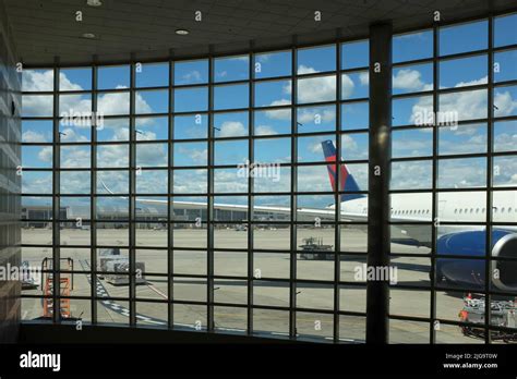 DETROIT, MICHIGAN - 22 JUN. 2021: Window and plane at the Detroit