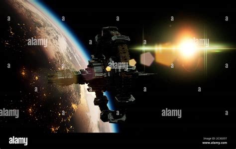 International Space Station Over The Planet Earth Stock Photo Alamy