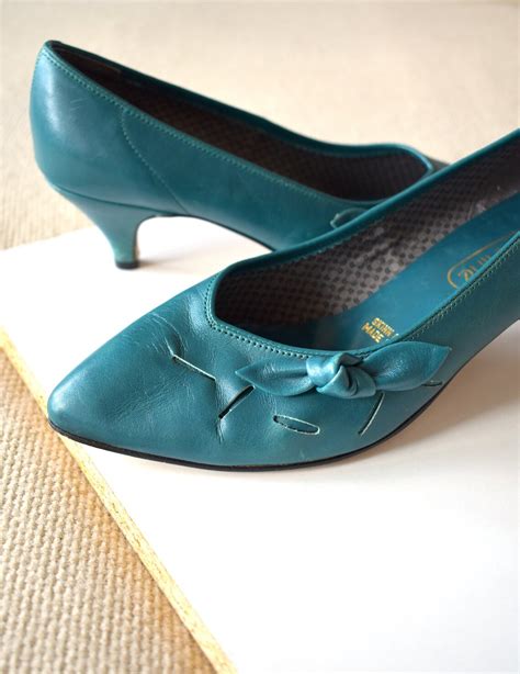 Vintage 80s Green Leather Pumps Low Heeled Womens Etsy