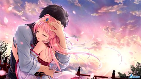 Download Anime Couple Hug Pink Sky Wallpaper