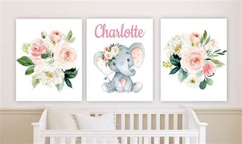 Elephant Baby Girl Floral Nursery Wall Art Blush Pink Coral Flowers Wi