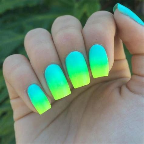 Blue Green And Yellow Neon Nail Polish Ombre Effect Coffin Nail