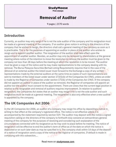 Removal Of Auditor Free Essay Example