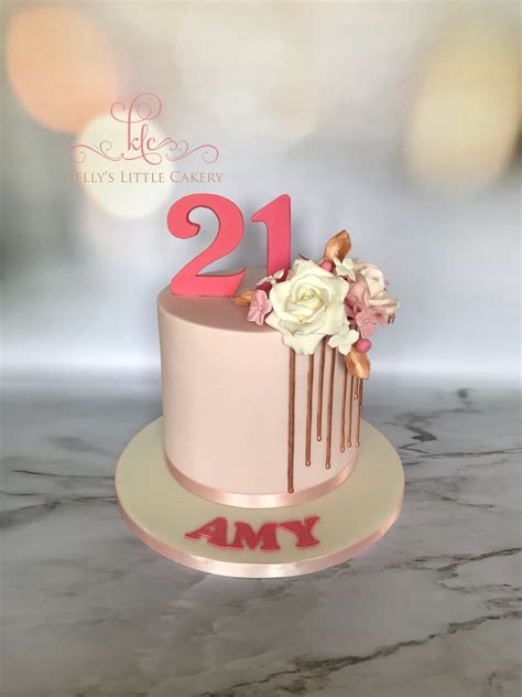 21st Birthday Cake Partial Rose Gold Drip Pastel Pink Sugar Flowers 21st Birthday Cakes