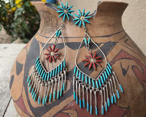 Long Large Turquoise Coral Zuni Needlepoint Chandelier Earrings