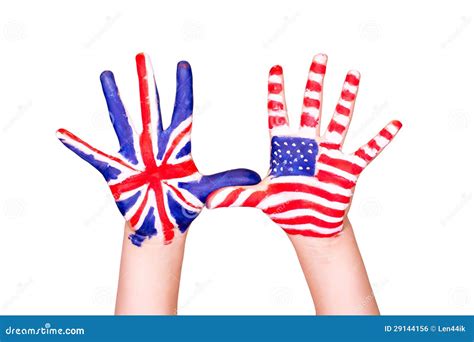 American And English Flags On Hands Stock Photo Image Of American